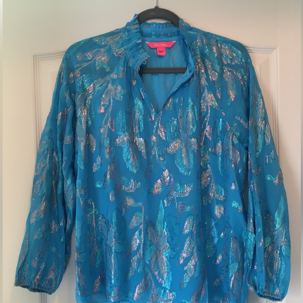 NWOT Lilly Pulitzer Galiana metallic turquoise blue silk blouse S - Picture 4 of 15